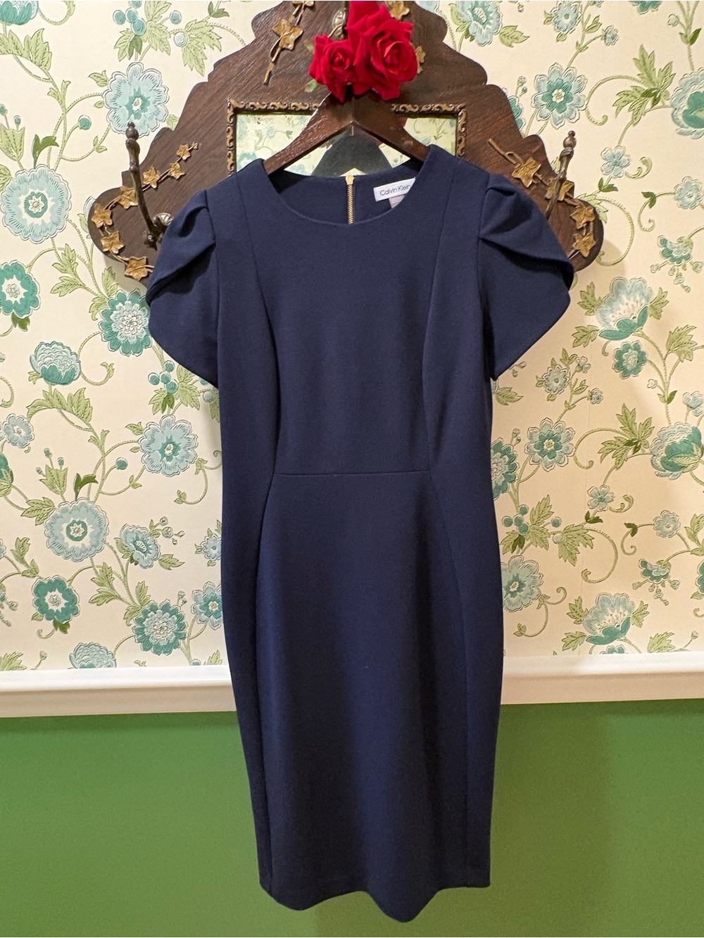 Calvin Klein Navy Executive Sheath Dress Gold Zip Back Size 8